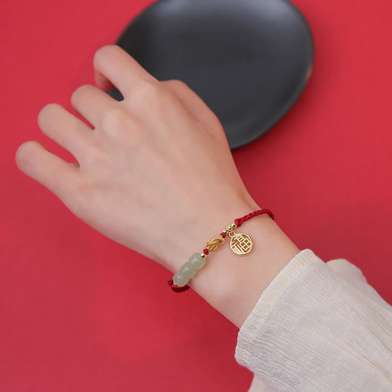 Wear FengShui Handcrafted Jade Bead Fu Character Charm Luck Red Rope Bracelet