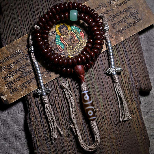 Wear FengShui Natural Tibet 108 Mala Beads Purple Bodhi Seed Three-eyed Dzi Bead Copper Dorje Harmony Bracelet