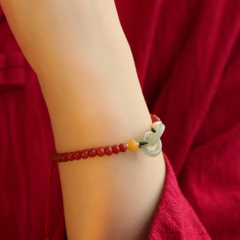 Wear FengShui Natural Red Agate Hetian Jade Double Peace Buckle Confidence Bracelet