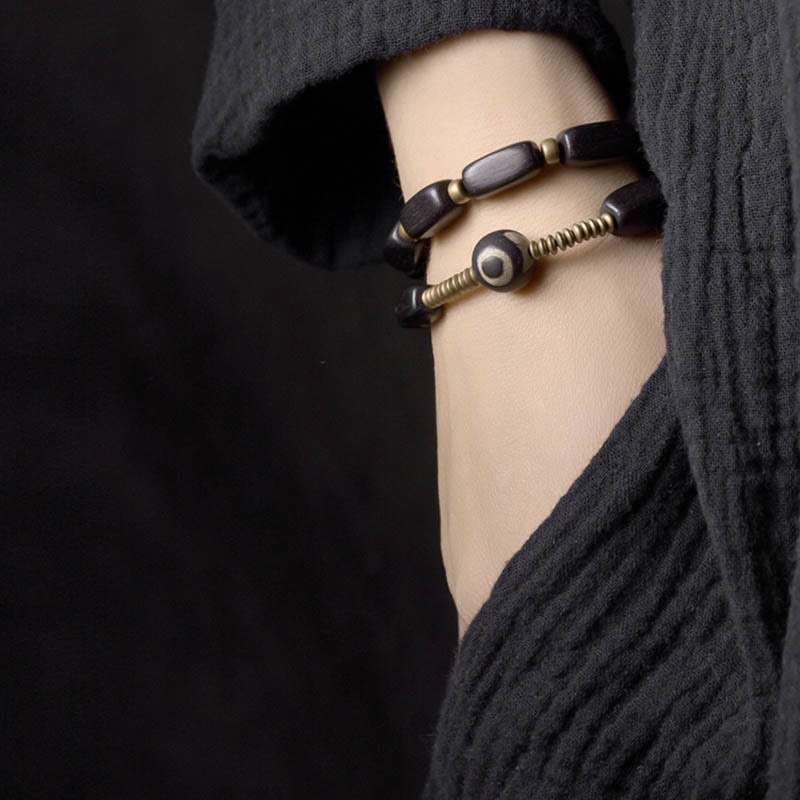 Wear FengShui Tibet Ebony Wood Dzi Bead Copper Balance Double Wrap Bracelet
