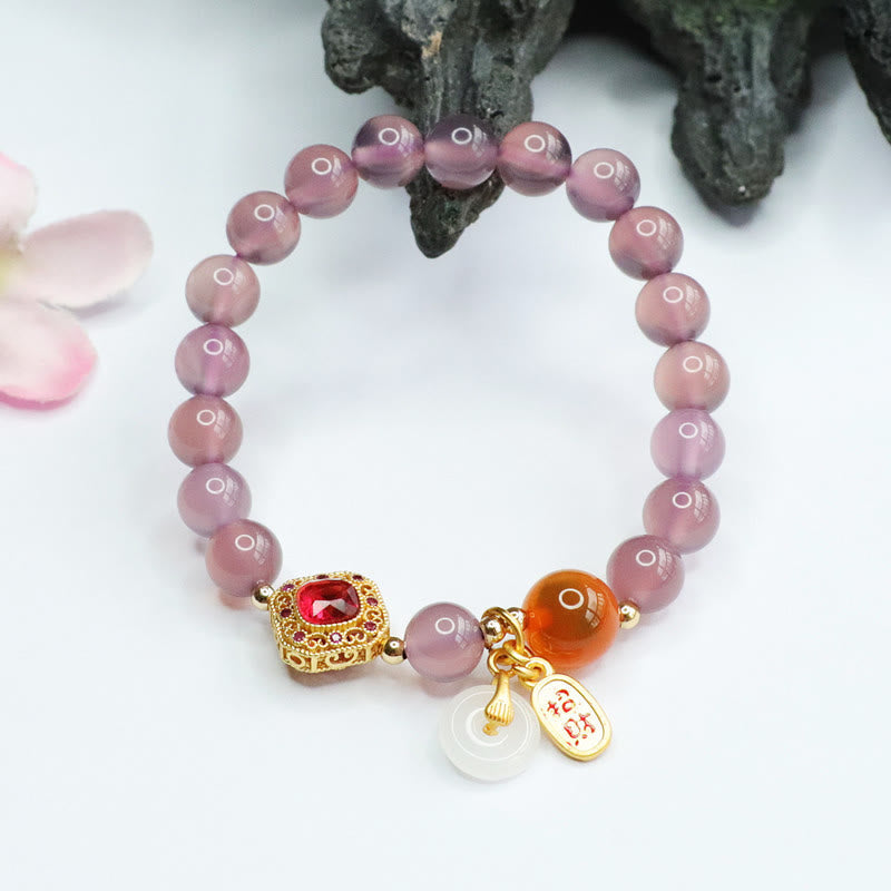 Wear FengShui Natural Purple Chalcedony Candy Agate Peace Buckle Harmony Lucky Fortune Charm Bracelet