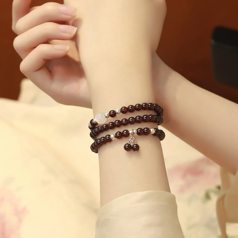 Wear FengShui 925 Sterling Silver Natural Garnet Cat Eye Protection Triple Wrap Bracelet