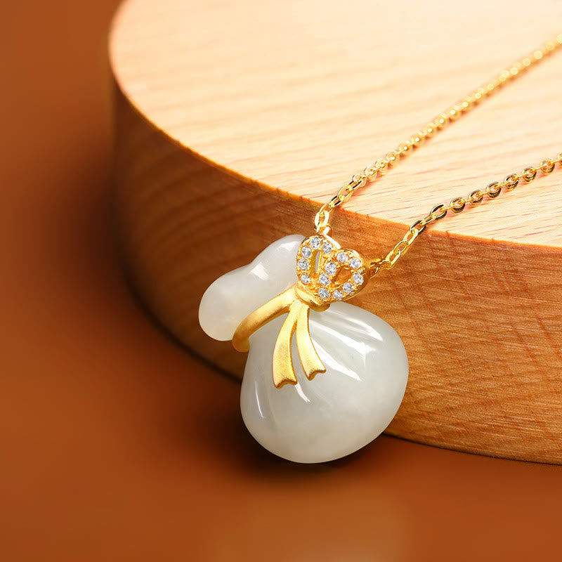 Wear FengShui Natural Hetian White Jade Luck Money Bag Necklace Pendant