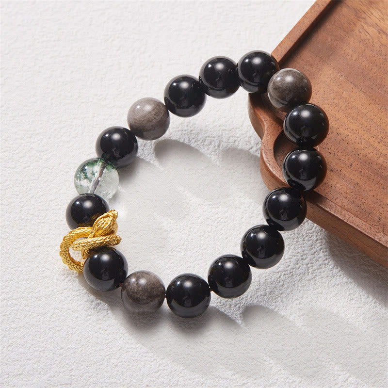 Wear FengShui Natural Silver Sheen Obsidian Dragon Green Phantom Protection Bracelet