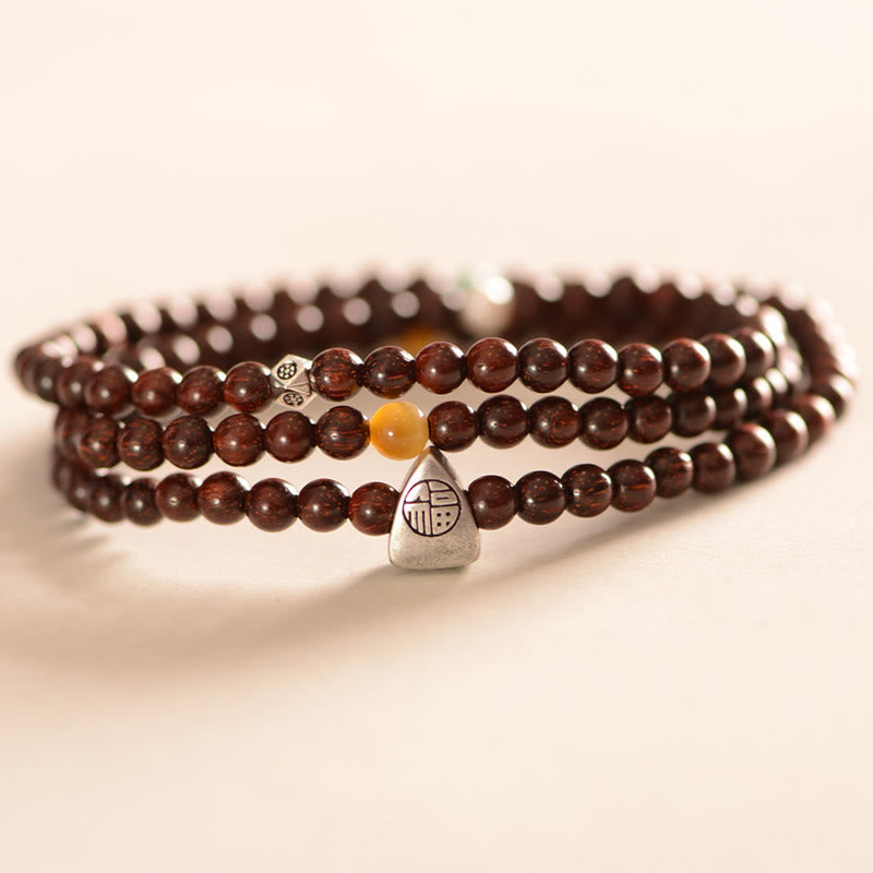 Wear FengShui 925 Sterling Silver Indian Small Leaf Red Sandalwood Fu Character Protection Triple Wrap Bracelet