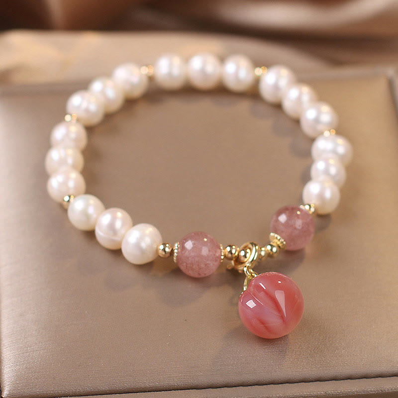 Wear FengShui Natural Pearl Strawberry Quartz Peach Love Heart Wisdom Charm Bracelet
