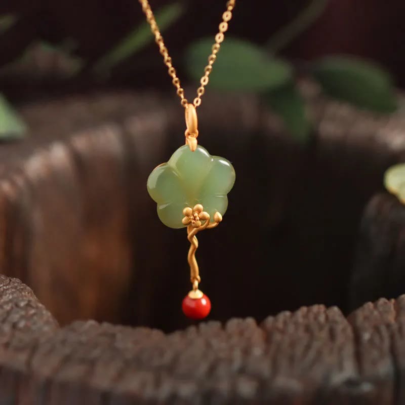 Wear FengShui Vintage Plum Blossom Flower Jade Red Agate Prosperity Necklace Pendant