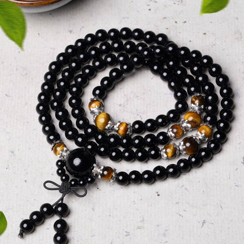 Wear FengShui 108 Beads Natural Black Obsidian Tiger Eye Mala Bracelet