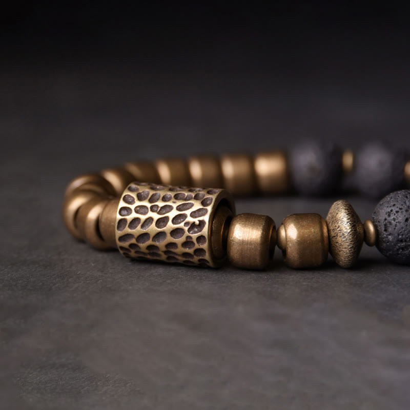 Wear FengShui Lava Rock Stone Rainbow Obsidian Brass Support Healing Bracelet