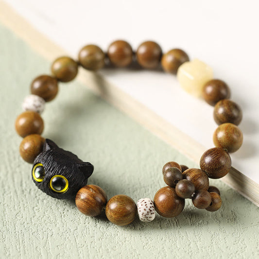 Wear FengShui Green Sandalwood Ebony Wood Cat Peace Soothing Bracelet