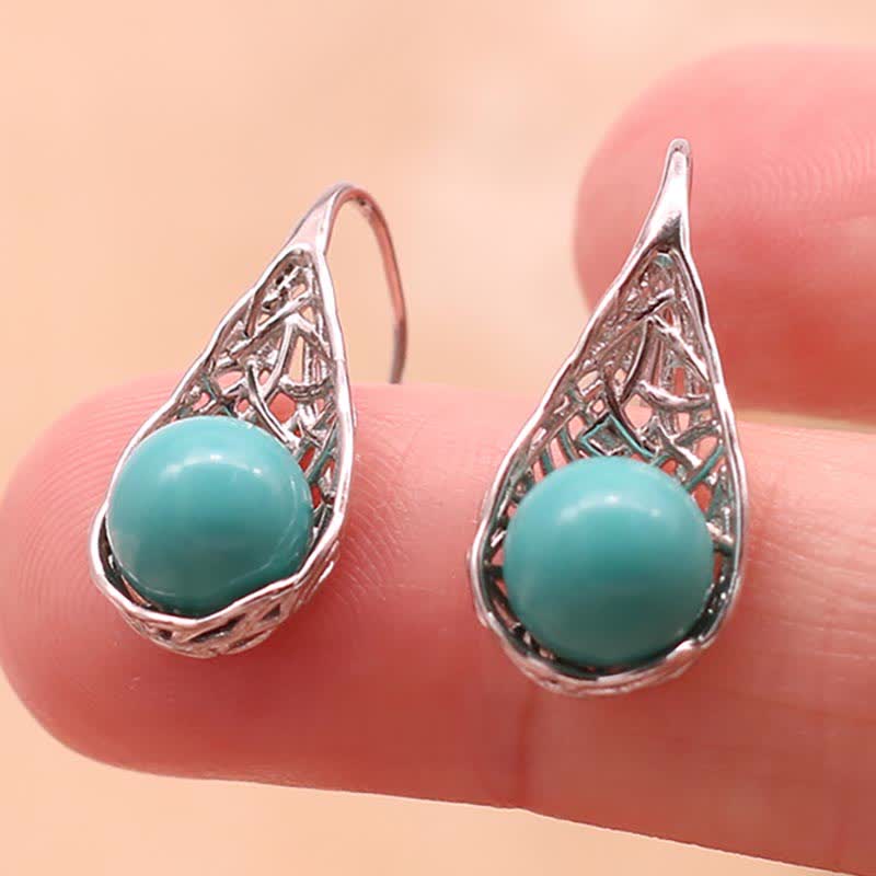 Wear FengShui 925 Sterling Silver Turquoise Beaded Pattern Protection Drop Dangle Earrings
