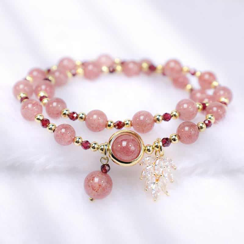 Wear FengShui Natural Strawberry Quartz Love Healing Maple Leaf Charm Double Wrap Bracelet
