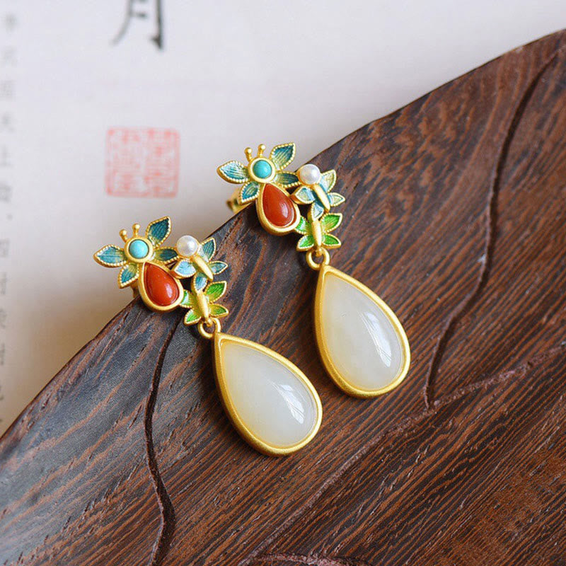 Wear FengShui Water Drop White Jade Red Agate Butterfly Protection Drop Dangle Earrings