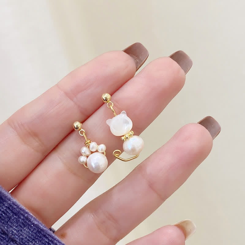Wear FengShui Cute Cat Paw Pearl Wisdom Stud Drop Earrings