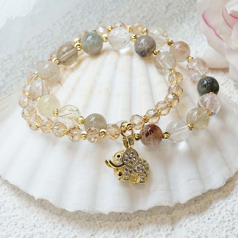 Wear FengShui Rose Quartz Elephant Healing Energy Charm Bracelet
