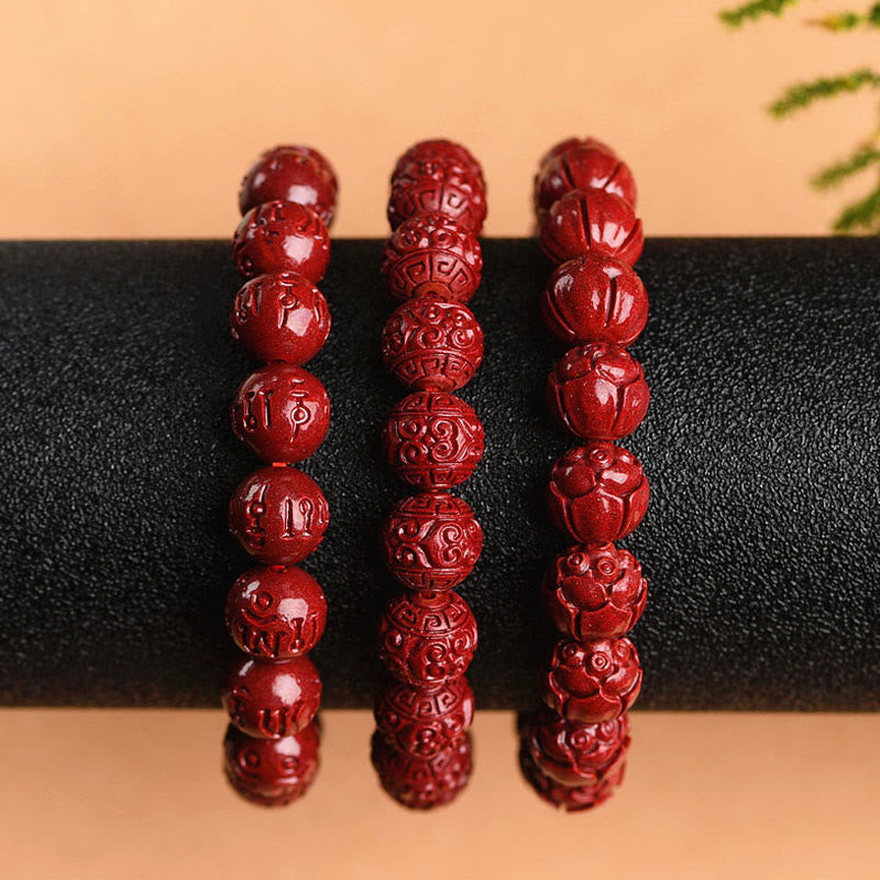 Wear FengShui Natural Cinnabar Om Mani Padme Hum Fret Pattern Lotus Blessing Bracelet