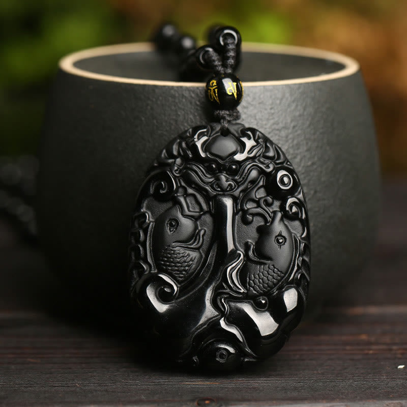 Wear FengShui Black Obsidian Koi Fish Bead Rope Fulfilment Strength Necklace Pendant