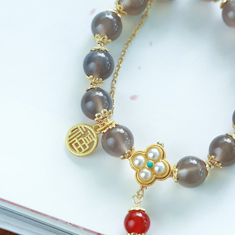 Wear FengShui Natural Gray Agate Fu Character Pearl Tassel Balance Bracelet