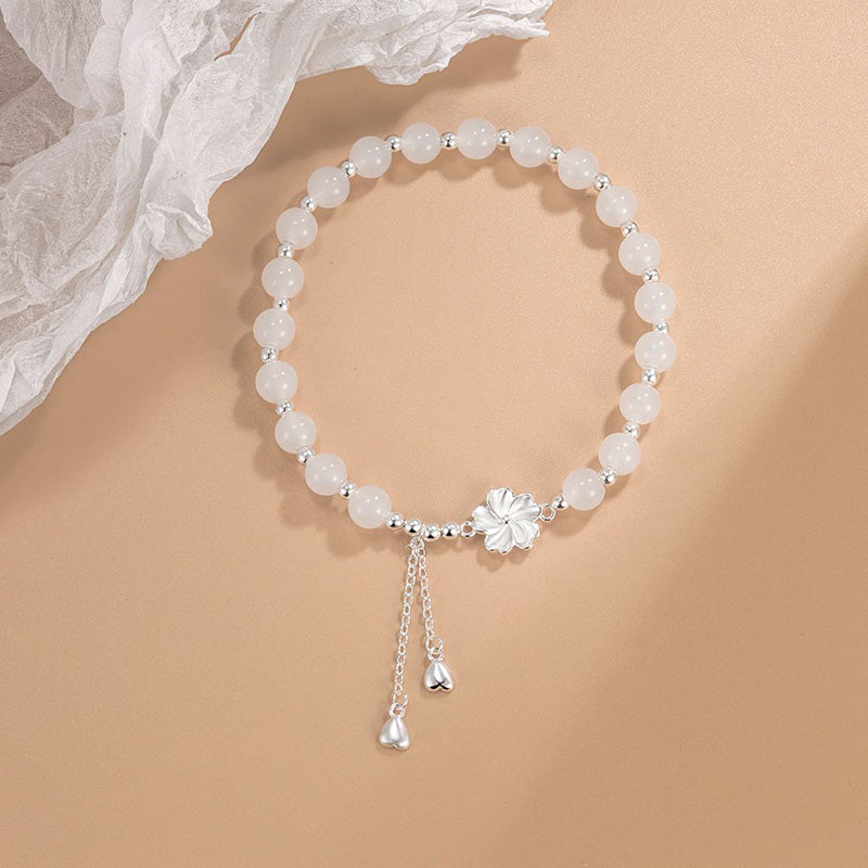 Wear FengShui White Jade Peach Blossom Petals Flower Luck Bracelet