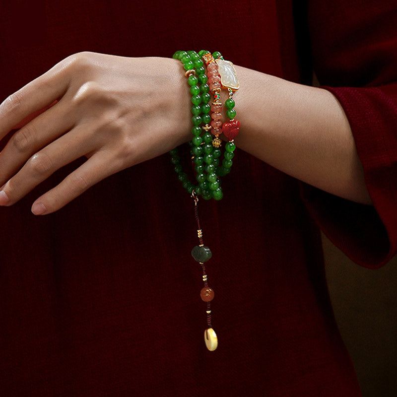 Wear FengShui 108 Mala Beads Cyan Jade Red Agate Laughing Buddha Luck Bracelet