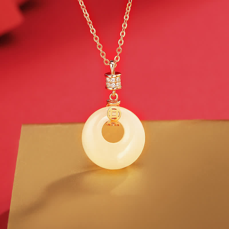 Wear FengShui 925 Sterling Silver Hetian White Jade Coin Flower Peace Buckle Luck Necklace Pendant