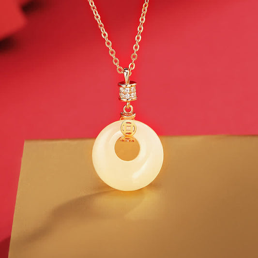 Wear FengShui 925 Sterling Silver Hetian White Jade Coin Flower Peace Buckle Luck Necklace Pendant