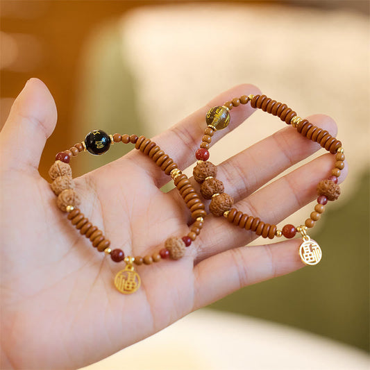 Wear FengShui Tibetan Bodhi Seed Black Onyx Smoky Quartz Om Mani Padme Hum Fu Character Wealth Bracelet