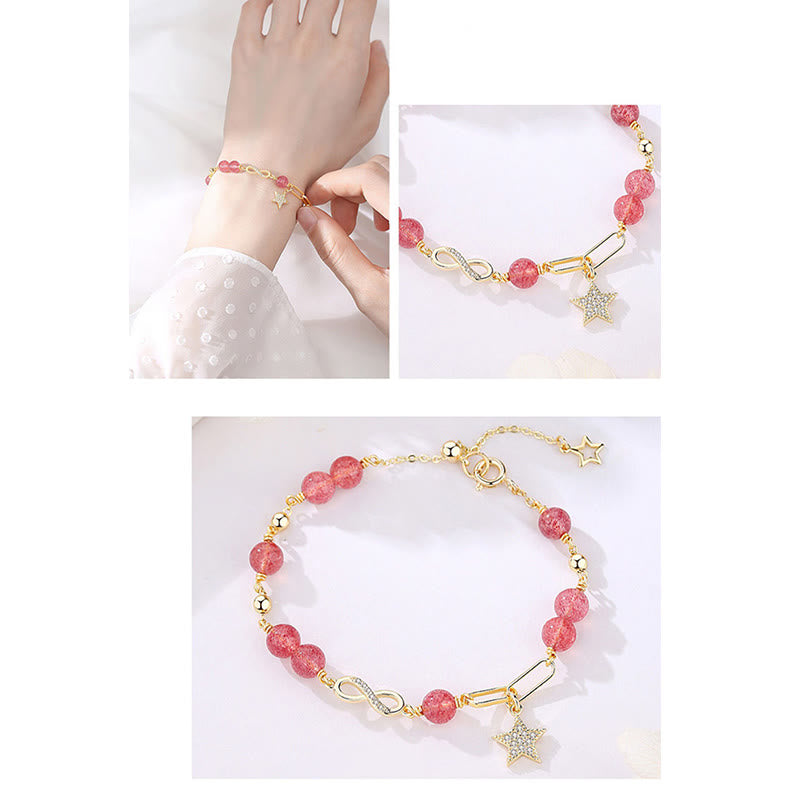 Wear FengShui 14K Gold Plated Natural Strawberry Quartz Moonstone Möbius Loop Eternal Love Star Positive Bracelet