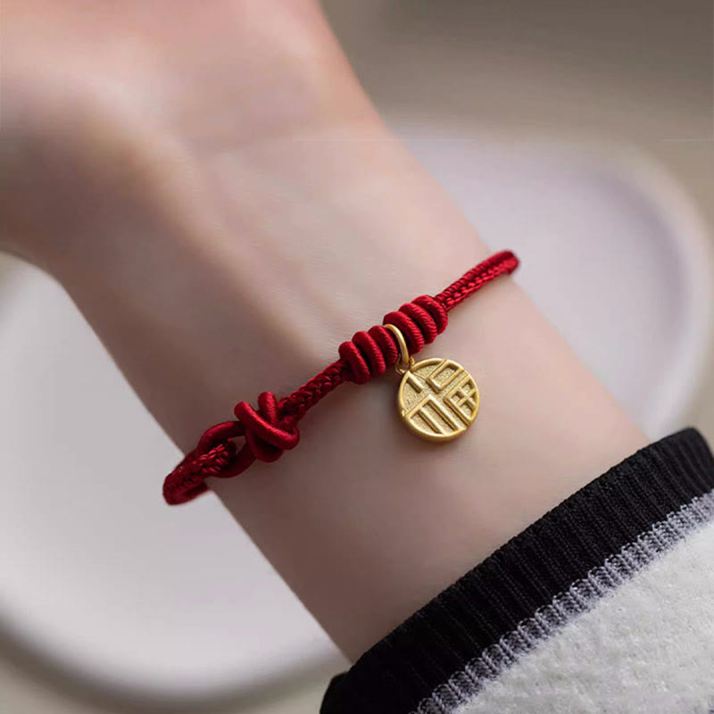 Wear FengShui Handmade Eight Thread Peace Knot Fu Character Charm Luck Happiness Red Rope Bracelet