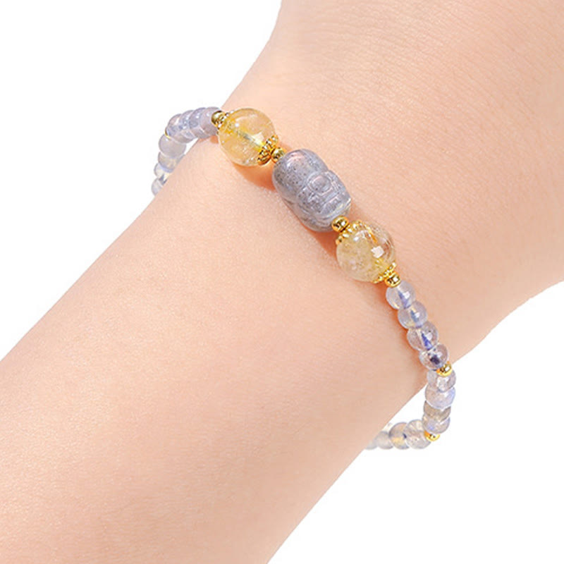 Wear FengShui Moonstone Strawberry Quartz Tourmaline PiXiu Healing Bracelet