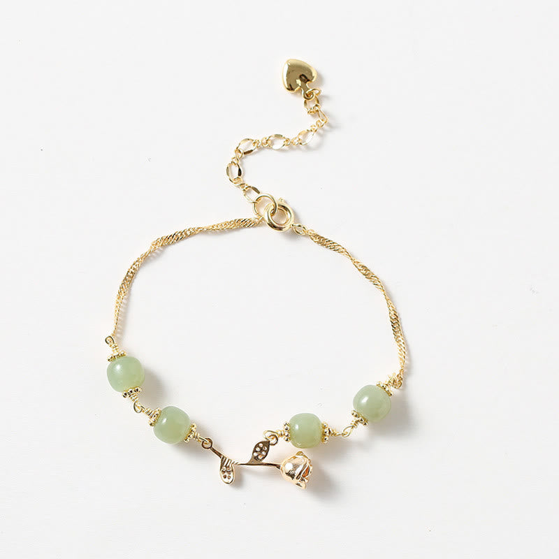 Wear FengShui 14K Gold Plated Hetian Jade Golden Rose Flower Luck Chain Bracelet
