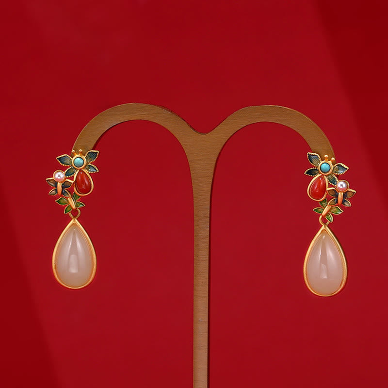 Wear FengShui Water Drop White Jade Red Agate Butterfly Protection Drop Dangle Earrings