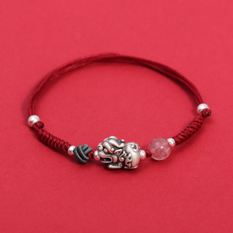 Wear FengShui 999 Sterling Silver PiXiu Strawberry Quartz Bead Wealth Luck Braided Bracelet