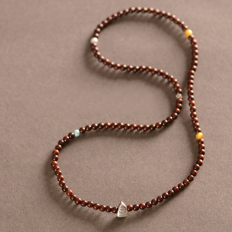 Wear FengShui 925 Sterling Silver Indian Small Leaf Red Sandalwood Fu Character Protection Triple Wrap Bracelet