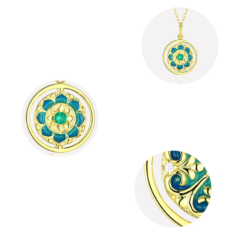 Wear FengShui 925 Sterling Silver Lotus Flower Floral Zircon Enlightenment Rotatable Necklace Pendant