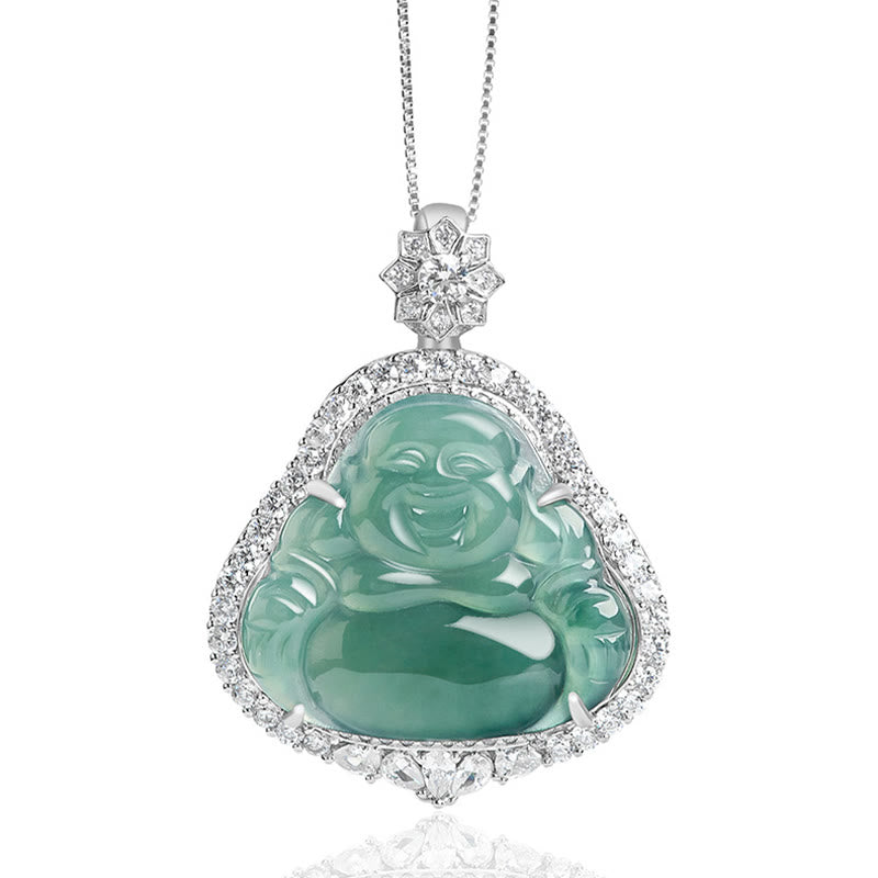 Wear FengShui Laughing Buddha Natural Jade Luck Abundance Titanium Steel Chain Necklace Pendant