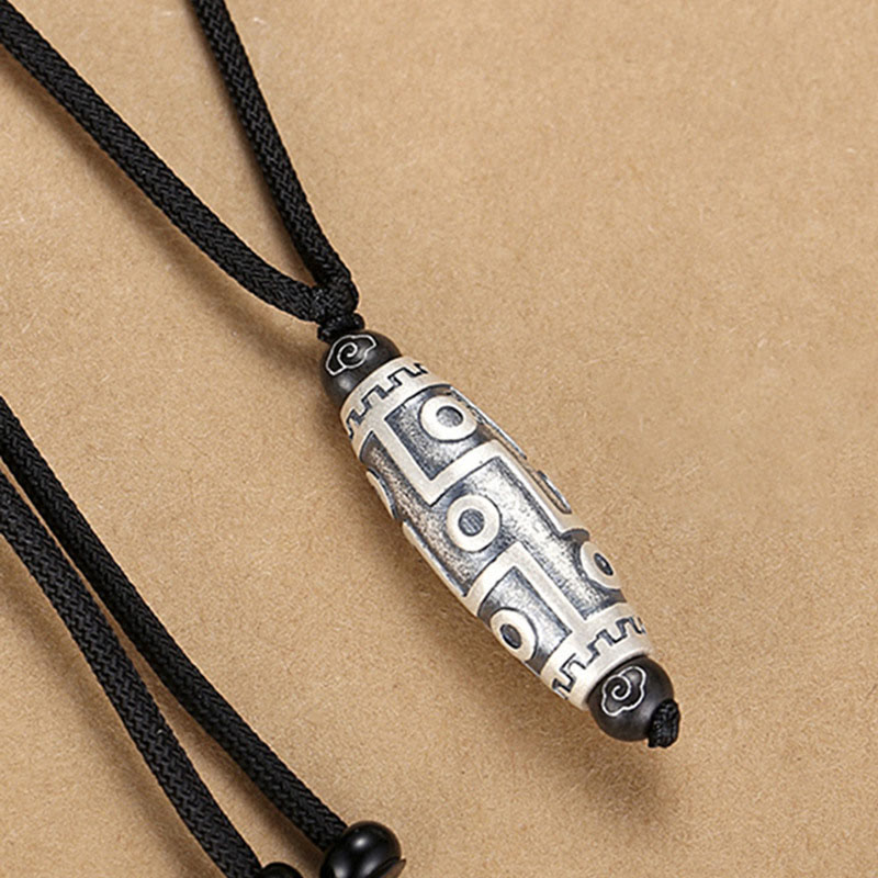 Wear FengShui Tibet Nine-Eye Dzi Bead Pattern Copper Auspicious Clouds Wealth Necklace Pendant
