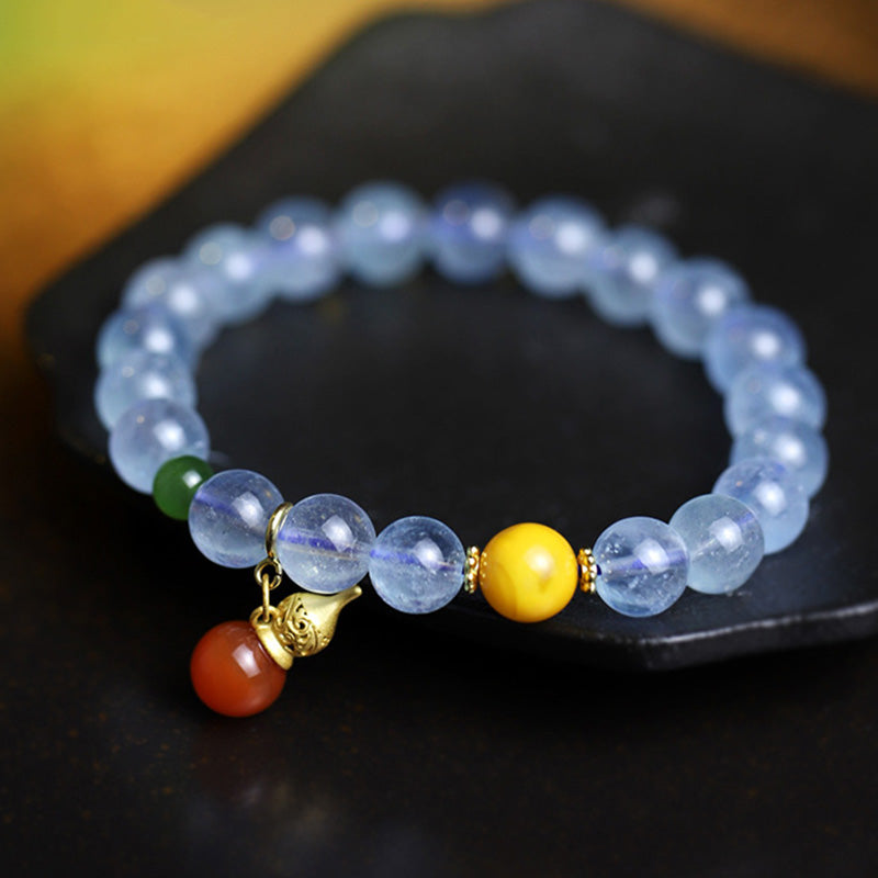 Wear FengShui Aquamarine Red Agate Peace Gourd Charm Bracelet