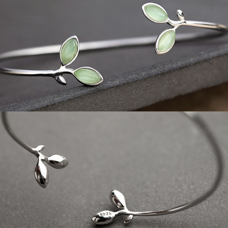 Wear FengShui Leaf Pattern Cat Eye Support Cuff Bracelet Bangle