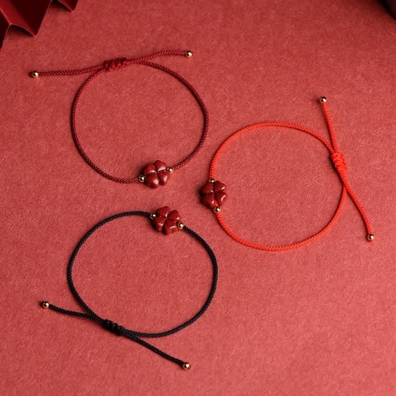 Wear FengShui Natural Cinnabar Four Leaf Clover Blessing Red String Bracelet Anklet