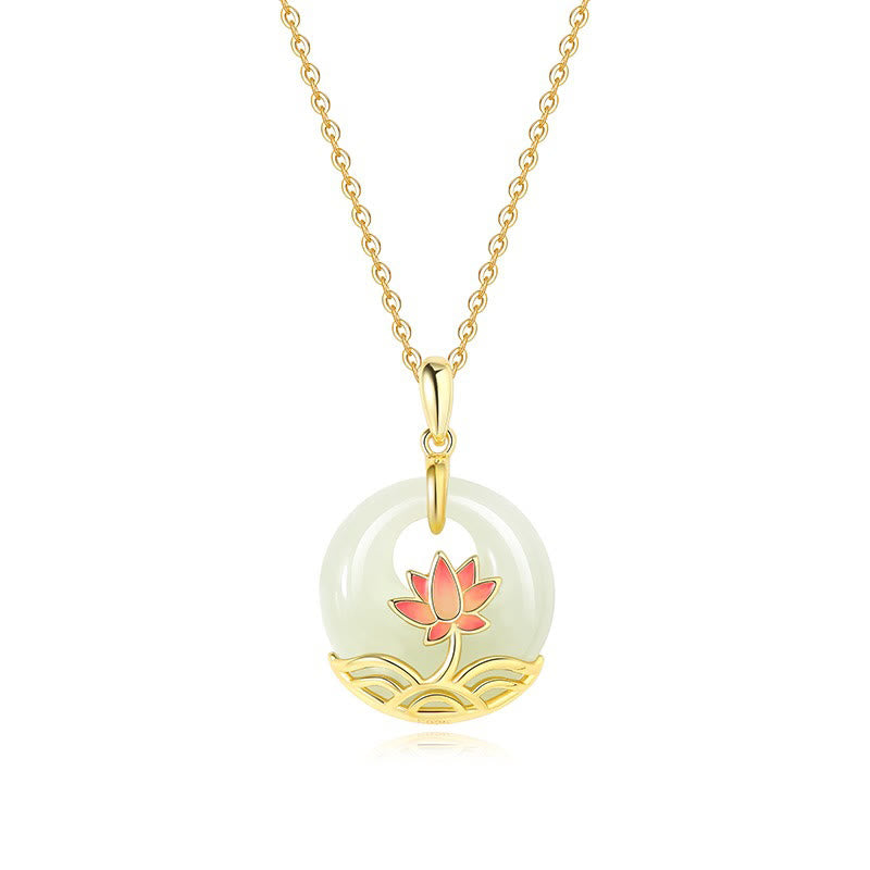 Wear FengShui 925 Sterling Silver Hetian White Jade Lotus Flower Blessing Necklace Pendant