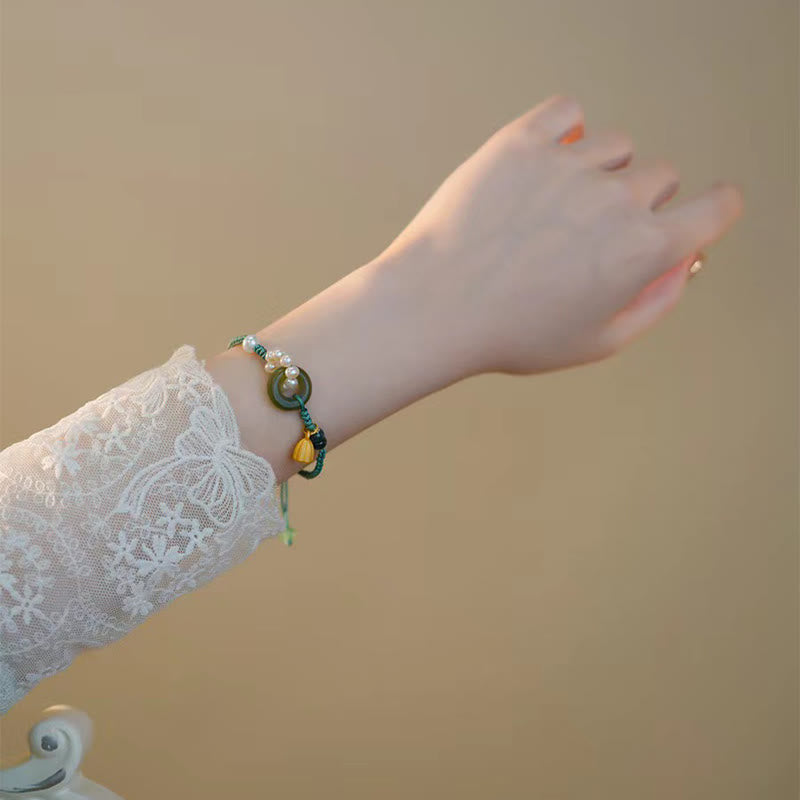 Wear FengShui Natural Hetian Jade Peace Buckle Pearl Luck Handcrafted Braided Bracelet
