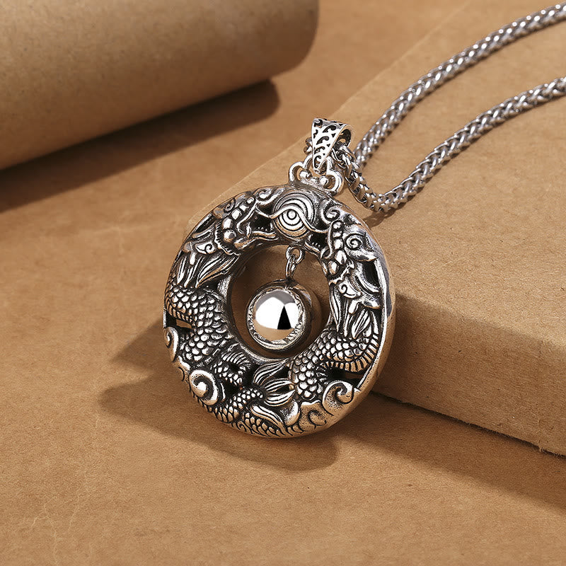 Wear FengShui Double Dragon Playing Bead Copper Protection Necklace Pendant
