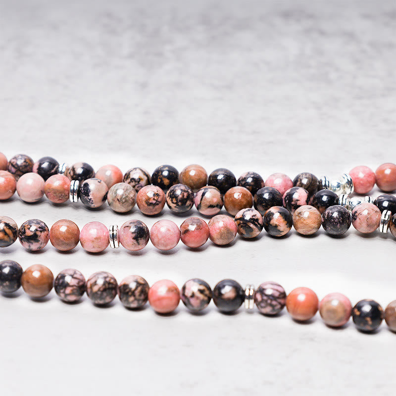 Wear FengShui 108 Mala Beads Rhodonite Lotus Compassion Energy Bracelet