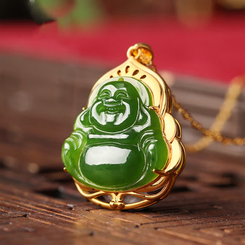 Wear FengShui 925 Sterling Silver Natural Hetian Cyan Jade Laughing Buddha 18K Gold Healing Necklace Chain Pendant