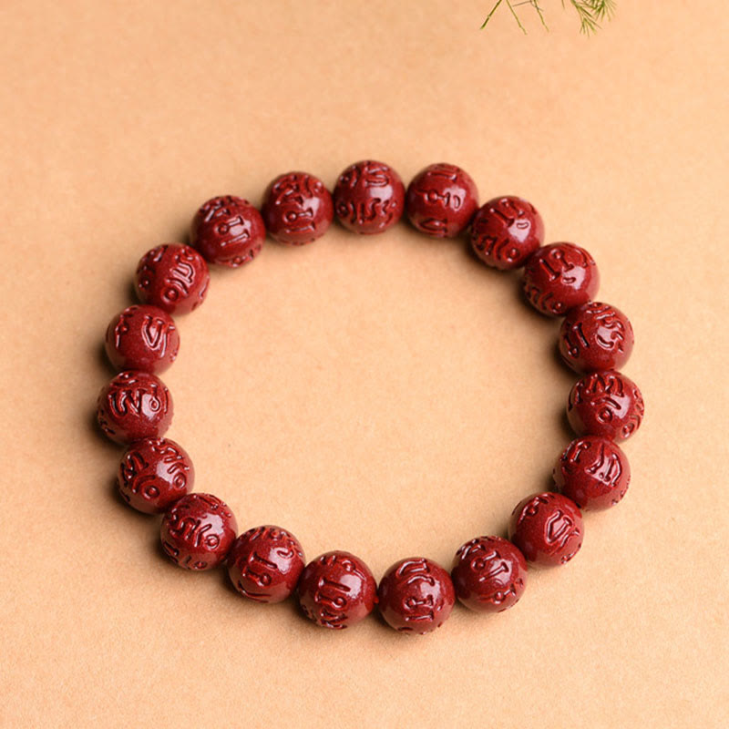 Wear FengShui Natural Cinnabar Om Mani Padme Hum Fret Pattern Lotus Blessing Bracelet