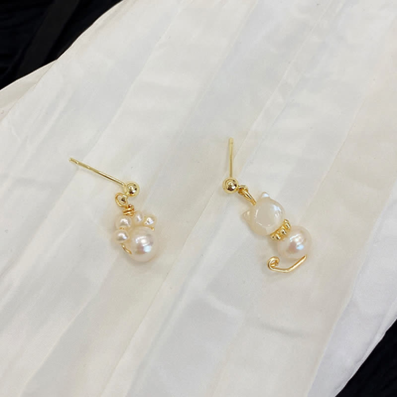 Wear FengShui Cute Cat Paw Pearl Wisdom Stud Drop Earrings