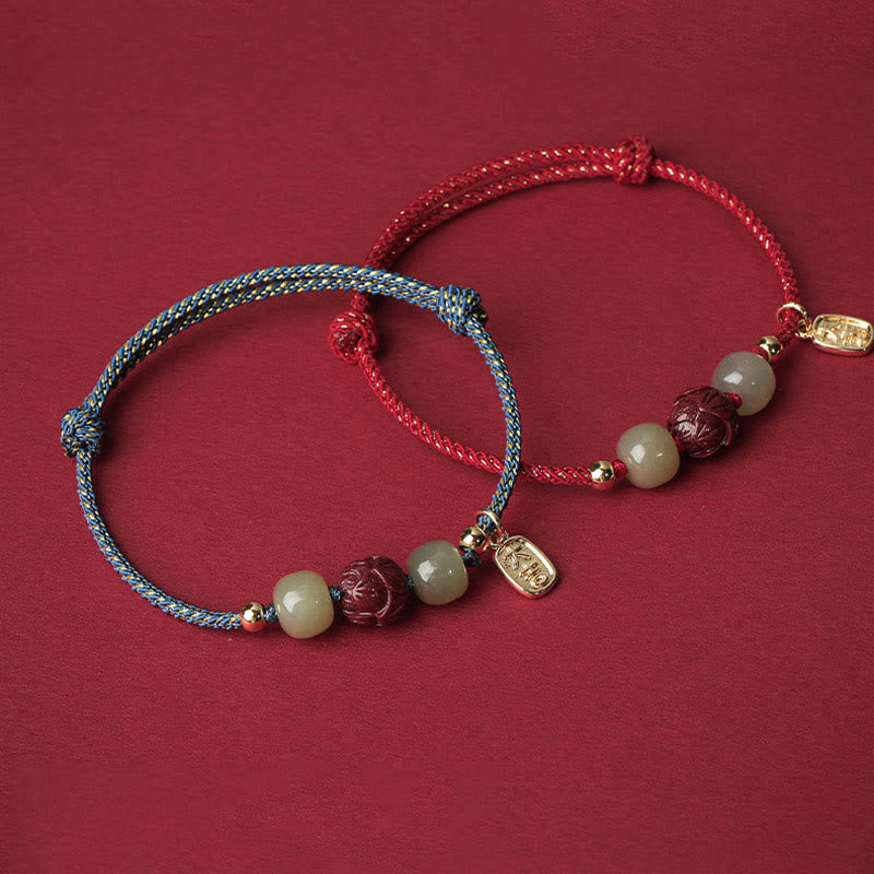 Wear FengShui 14K Gold Plated Hetian Jade Cinnabar Lotus Luck Handcrafted Rope Bracelet