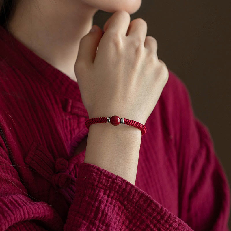Wear FengShui 925 Sterling Silver Natural Cinnabar Bead Calm Handmade Braided String Bracelet
