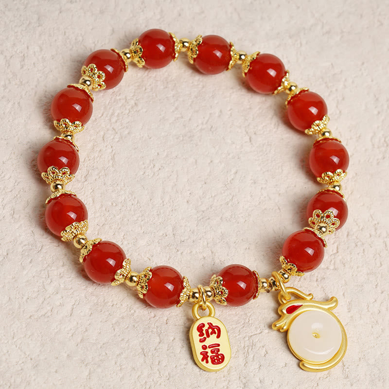 Wear FengShui Year of the Dragon Red Agate Green Aventurine Peace Buckle Fu Character Lucky Fortune Bracelet